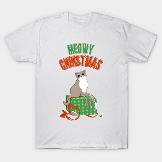 Meowy Christmas Cat Clawed Present T-Shirt by xenotransplant